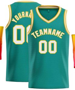 Custom Teal White-Yellow Classic Tops Men Casual Basketball Jersey