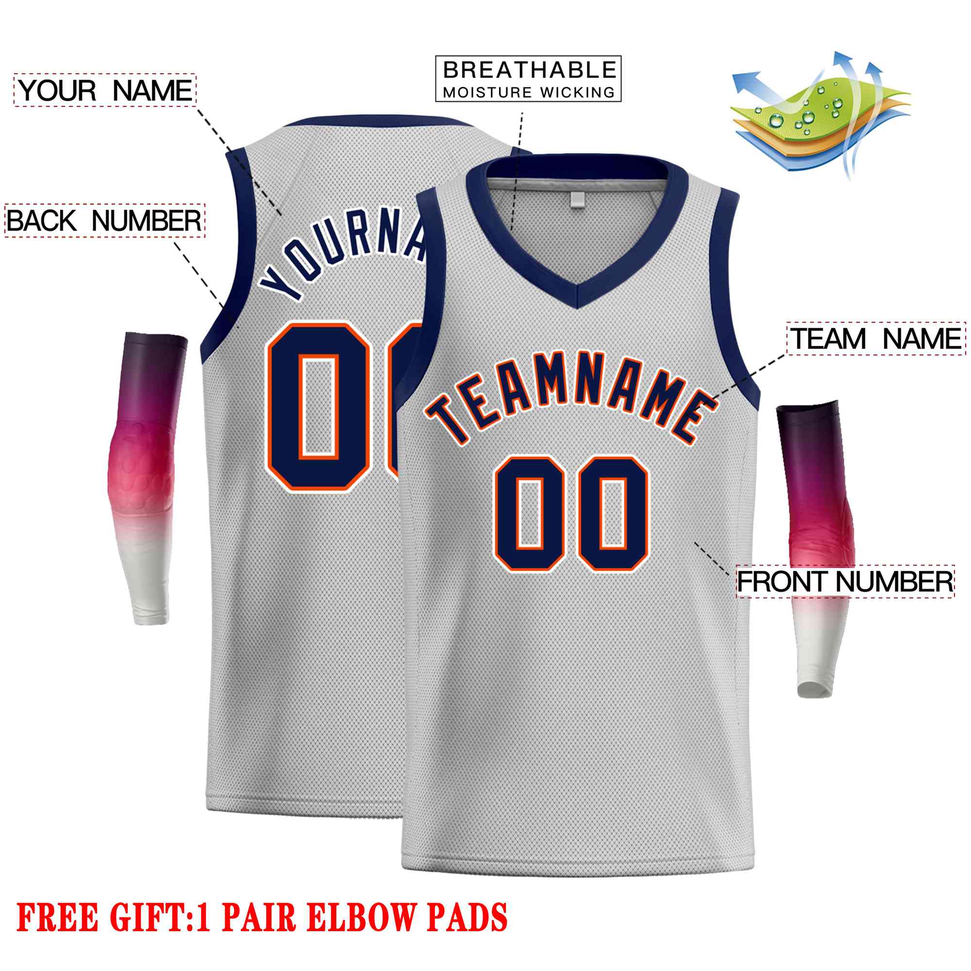 Custom Gray Navv-Orange Classic Tops Men Casual Basketball Jersey - Image 2