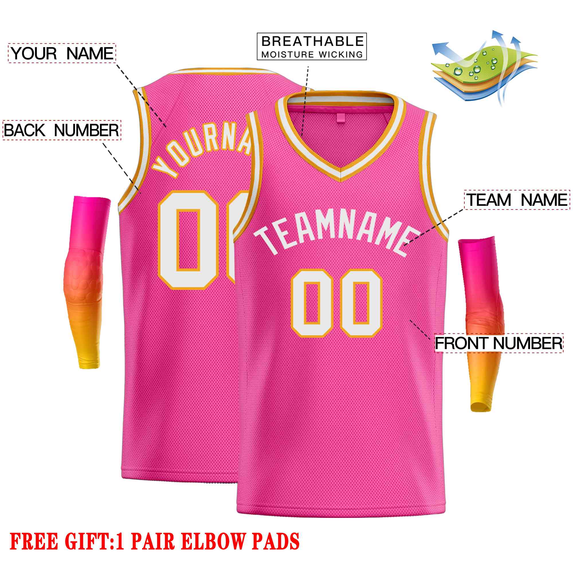 Custom Pink White-Yellow Classic Tops Men Casual Basketball Jersey - Image 2