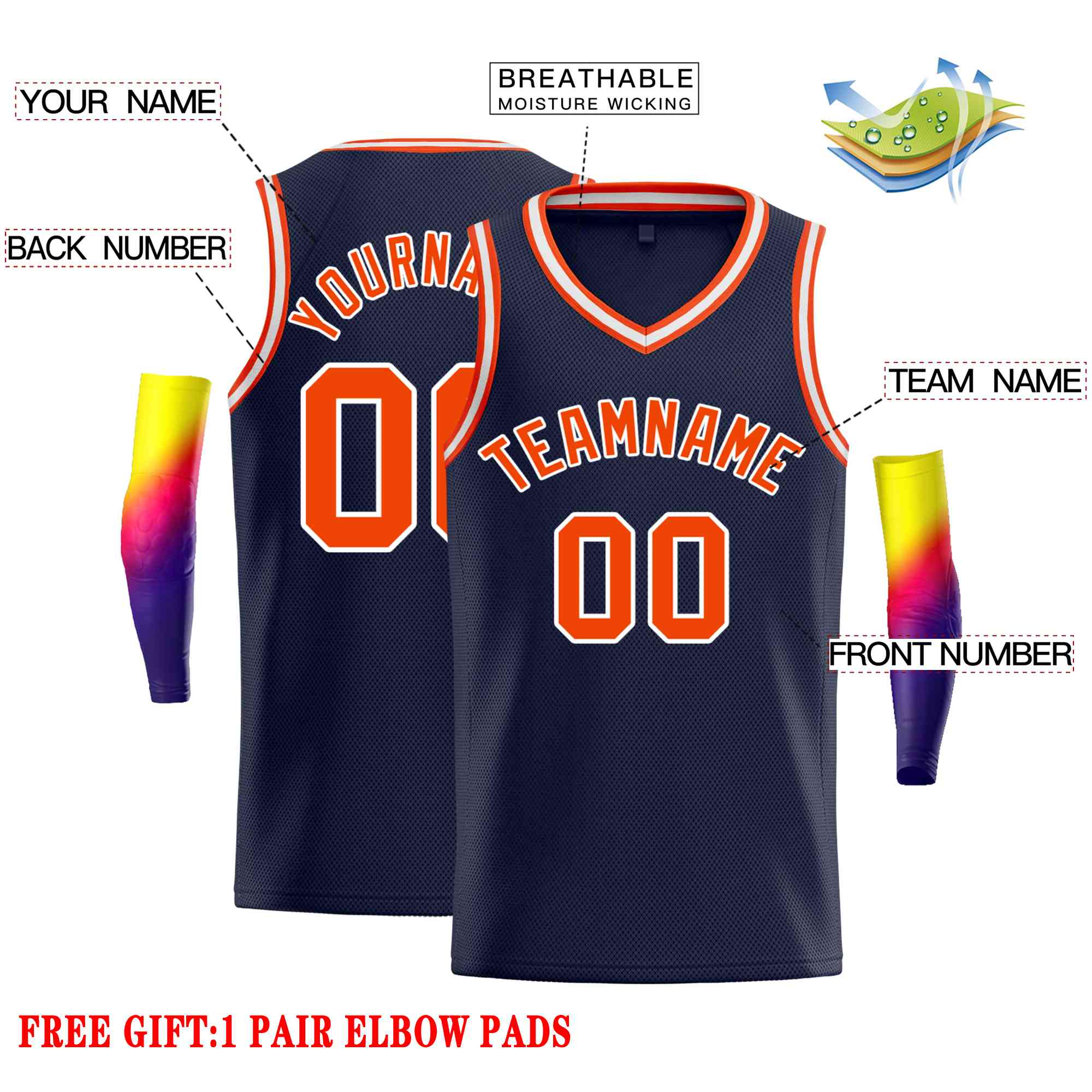 Custom Navy Orange-White Classic Tops Men Casual Basketball Jersey - Image 2