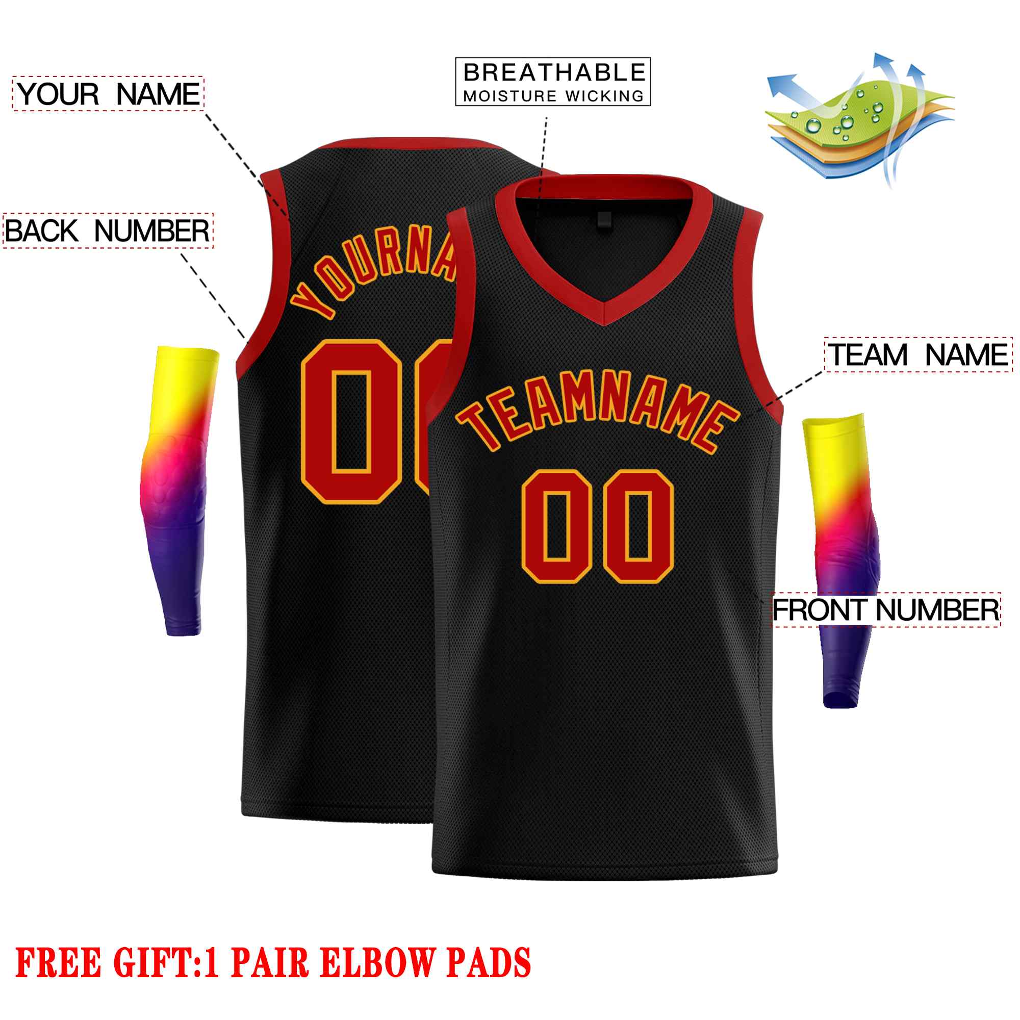 Custom Black Red-Yellow Classic Tops Men Casual Basketball Jersey - Image 2