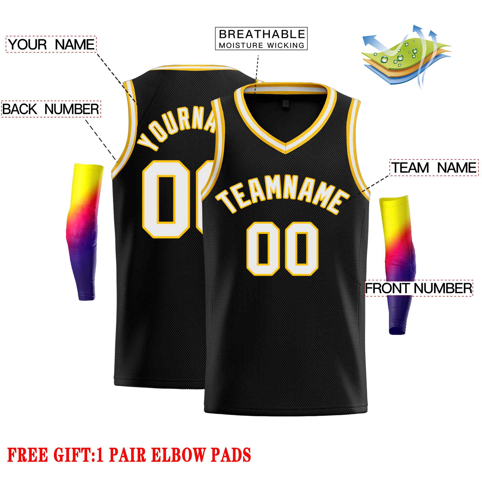 Custom Black White-Yellow Classic Tops Men Casual Basketball Jersey - Image 2