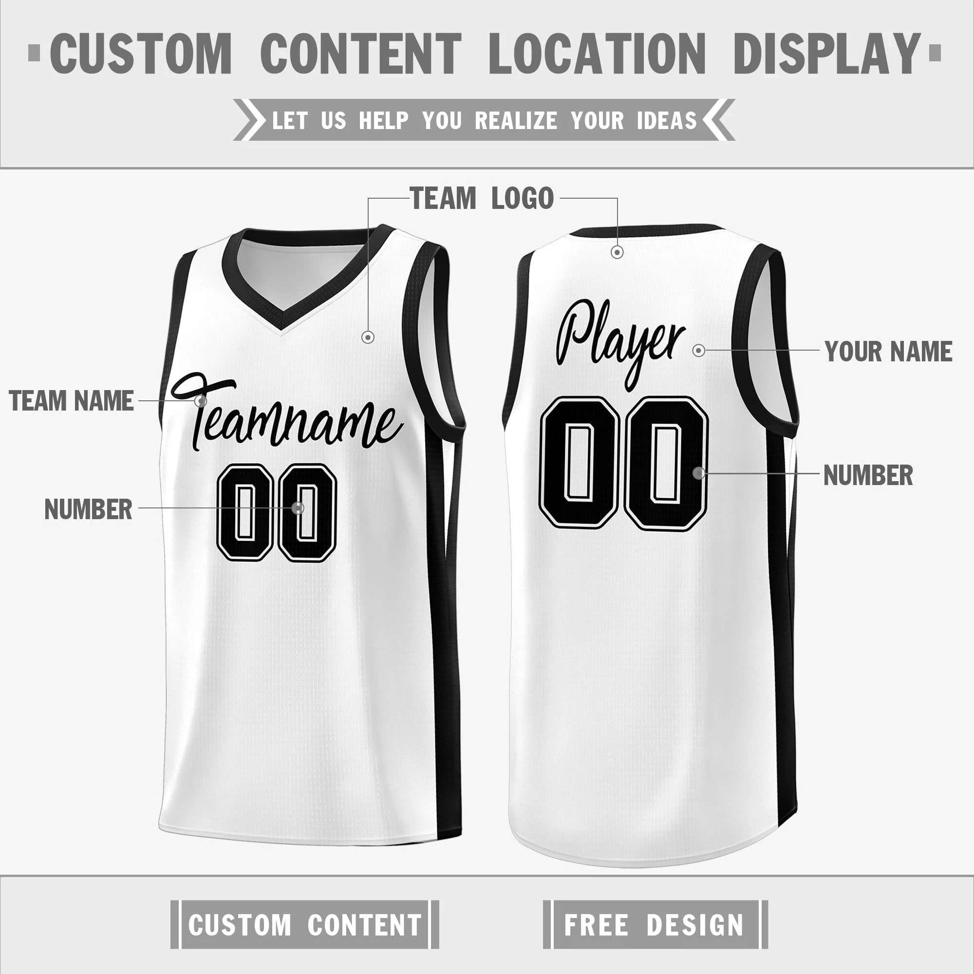 Custom White Black Classic Tops Mesh Sport Basketball Jersey - Image 2