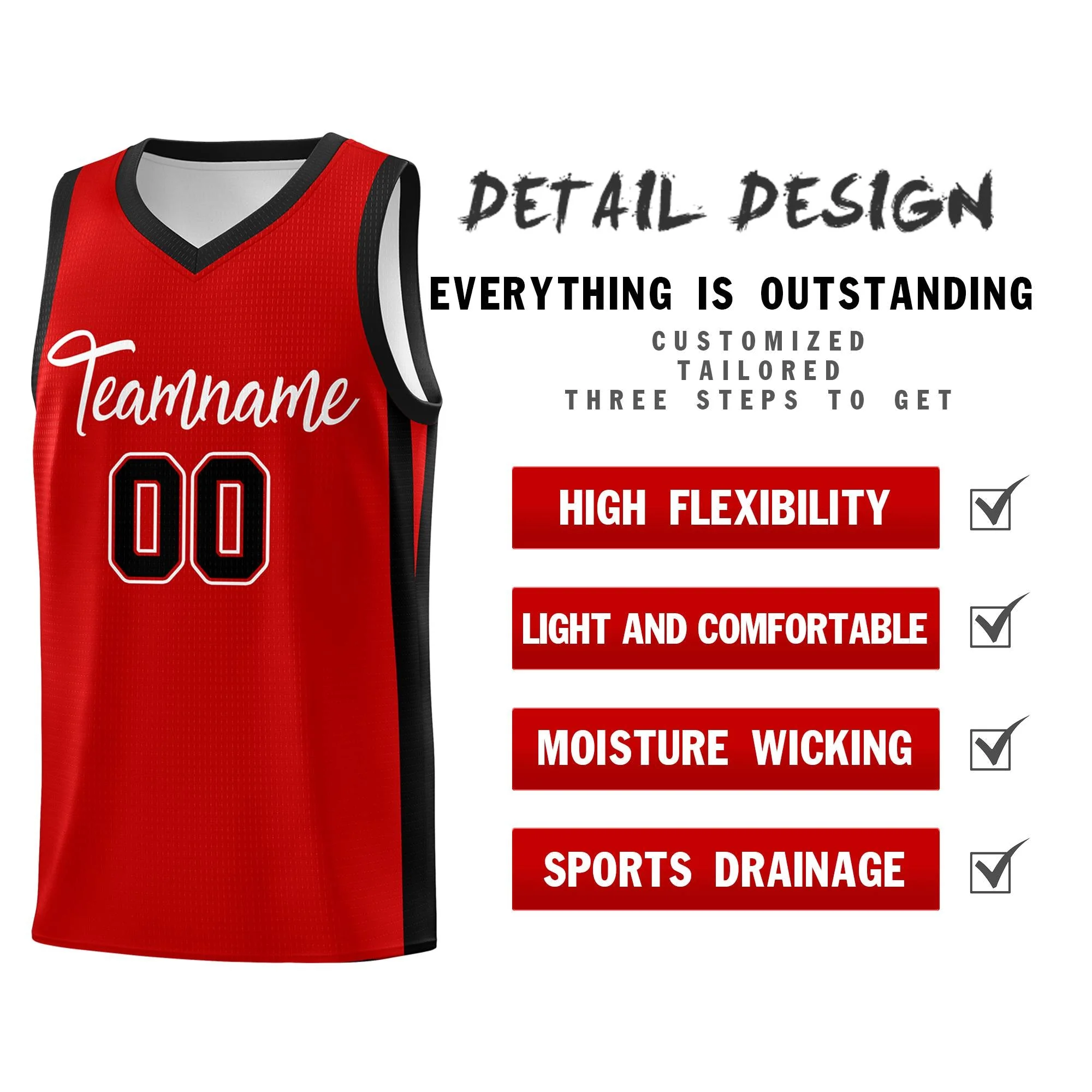 Custom Red White Classic Tops Mesh Sport Basketball Jersey - Image 4