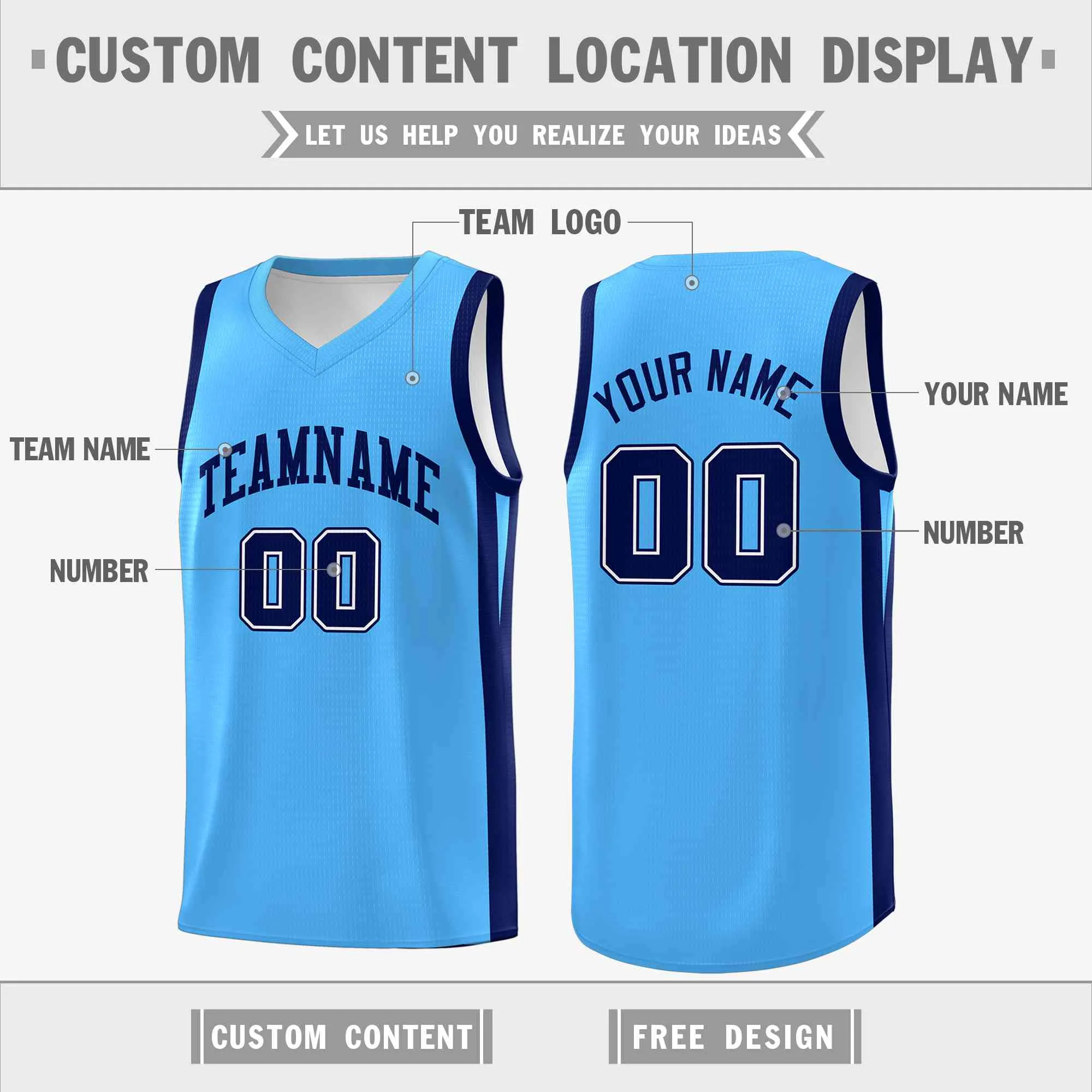 Custom Light Blue White Classic Tops Mesh Sport Basketball Jersey - Image 2
