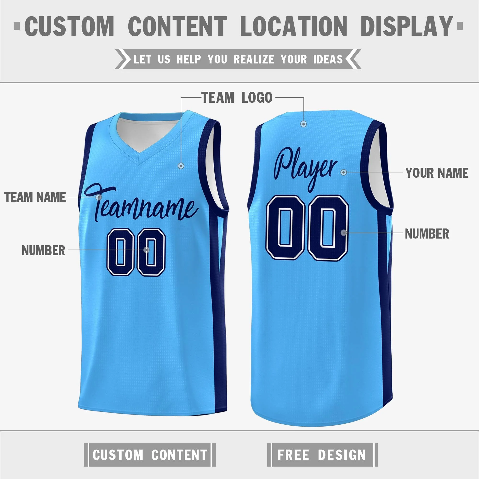 Custom Light Blue White Classic Tops Mesh Sport Basketball Jersey - Image 2