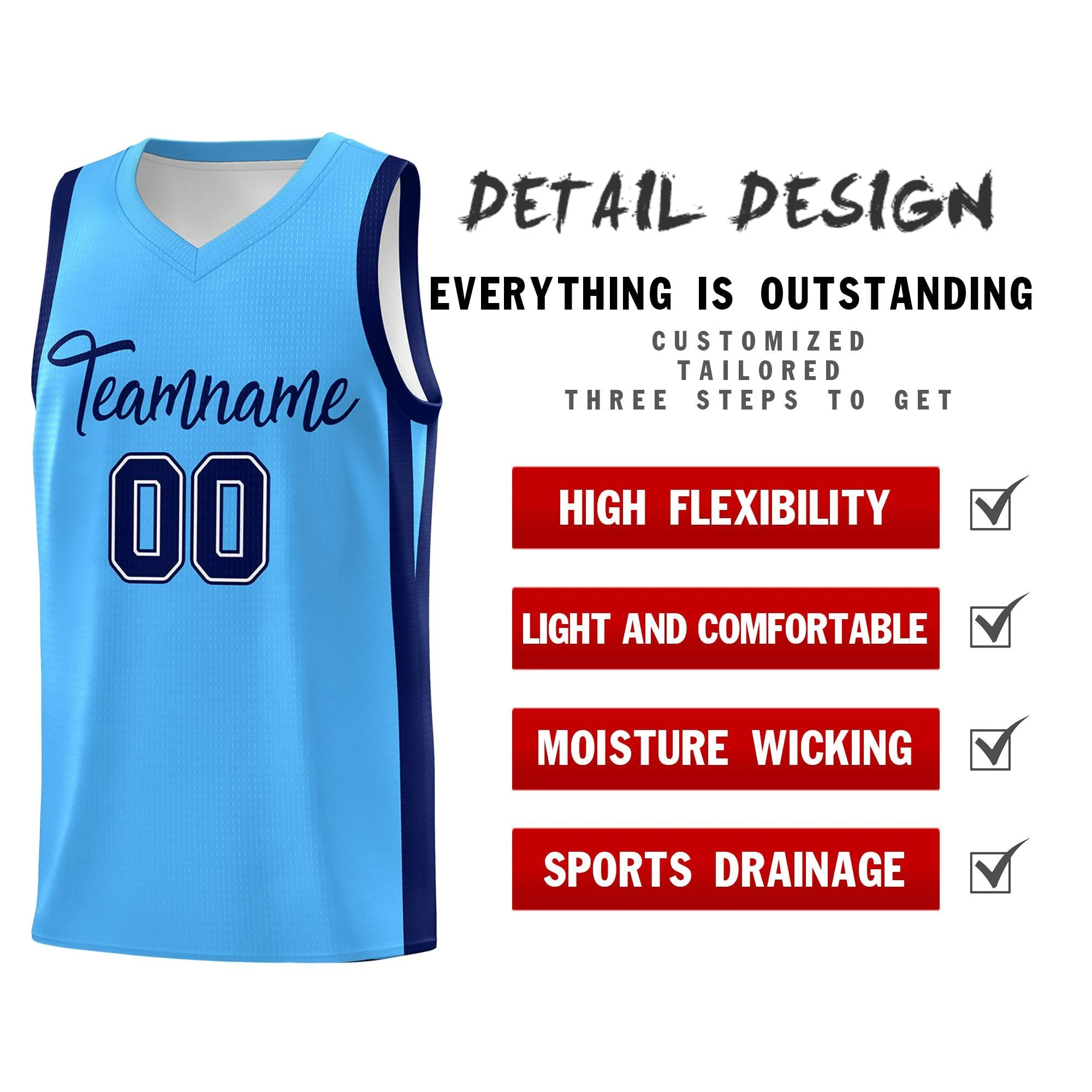 Custom Light Blue White Classic Tops Mesh Sport Basketball Jersey - Image 4