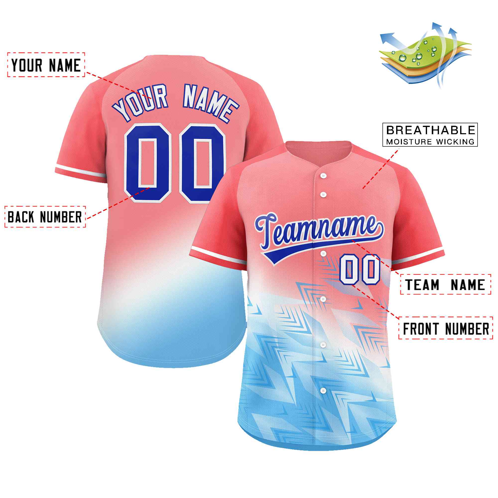 Custom Light Red Light Blue Royal-White Gradient Fashion Authentic Baseball Jersey - Image 2