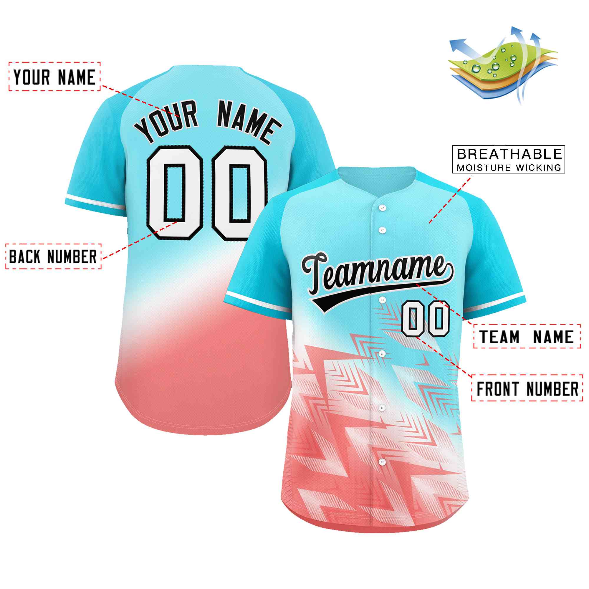 Custom Aqua Light Red Black-White Gradient Fashion Authentic Baseball Jersey - Image 2