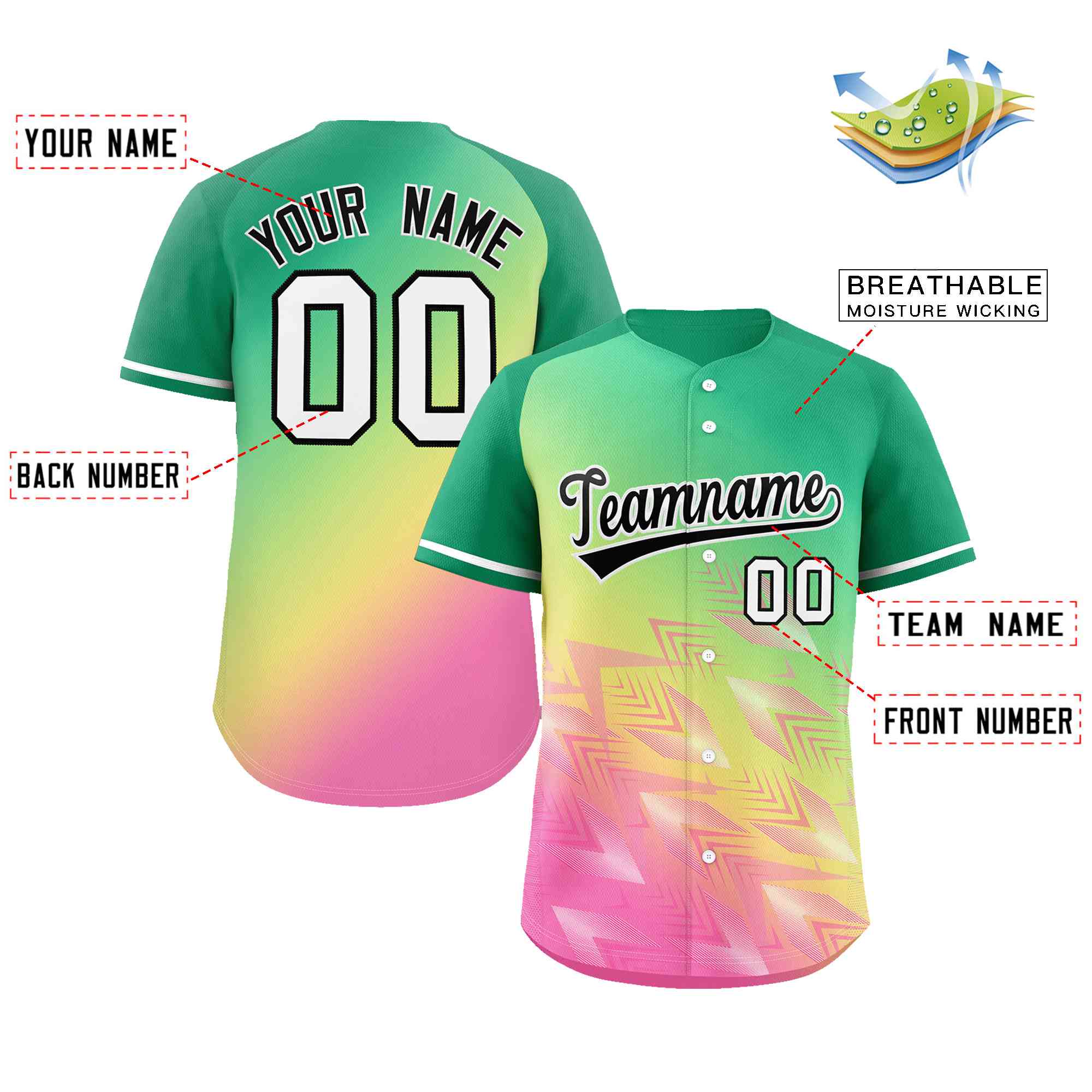 Custom Kelly Green Yellow Black-White Gradient Fashion Authentic Baseball Jersey - Image 2