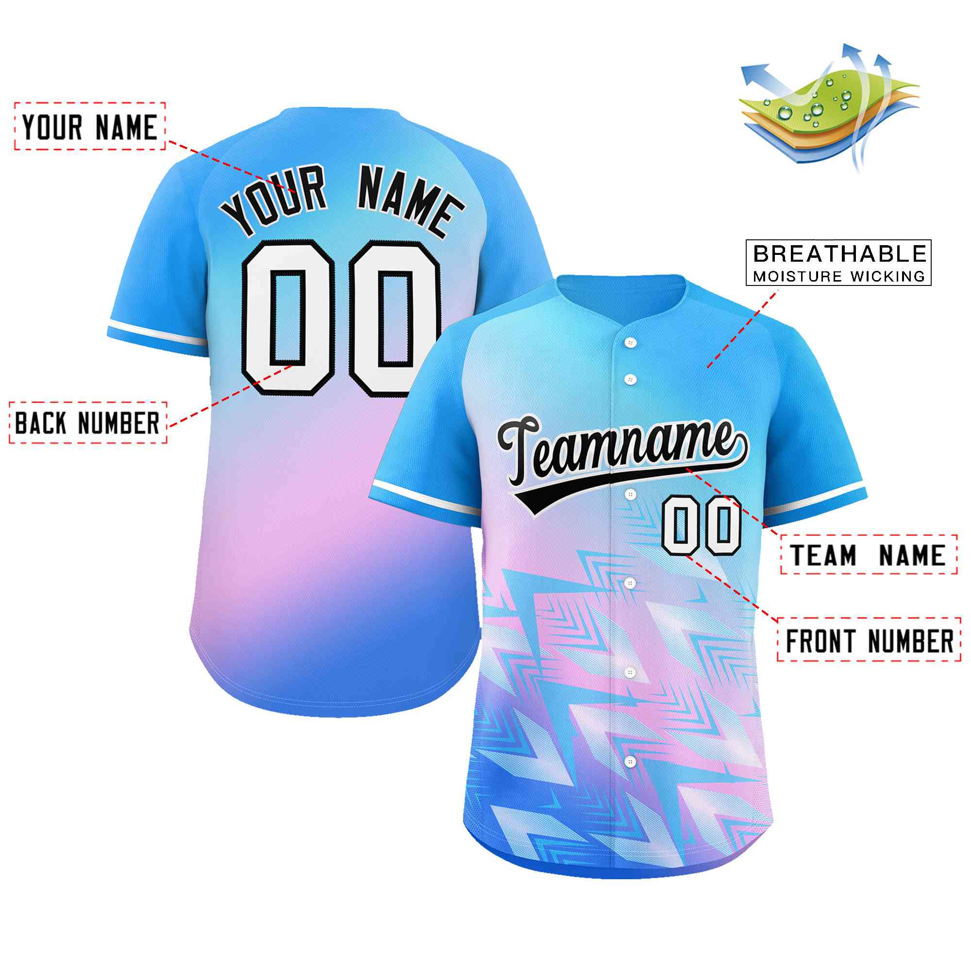 Custom Powder Blue Purple Black-White Gradient Fashion Authentic Baseball Jersey - Image 2