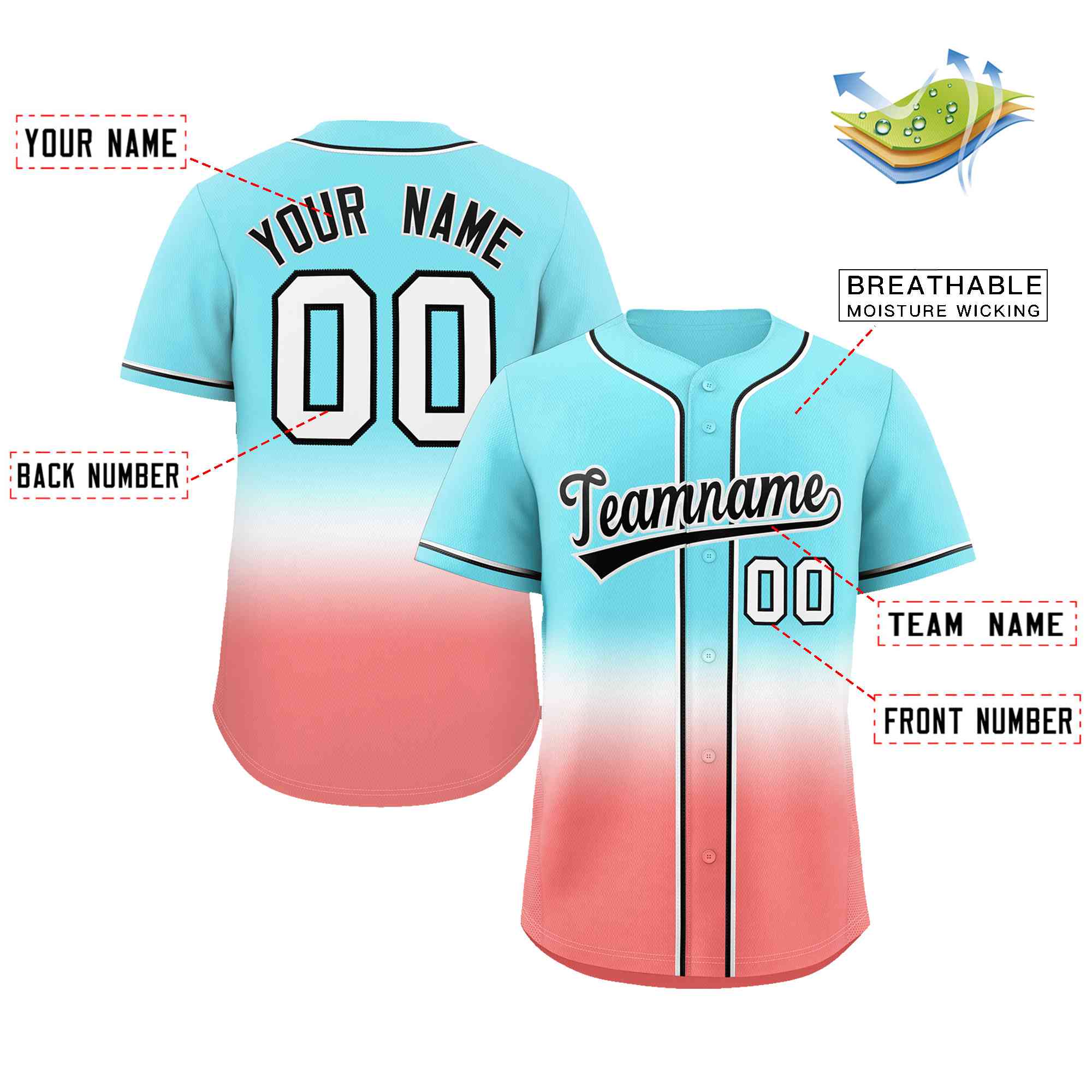 Custom Aqua Light Red Black-White Gradient Fashion Authentic Baseball Jersey - Image 2