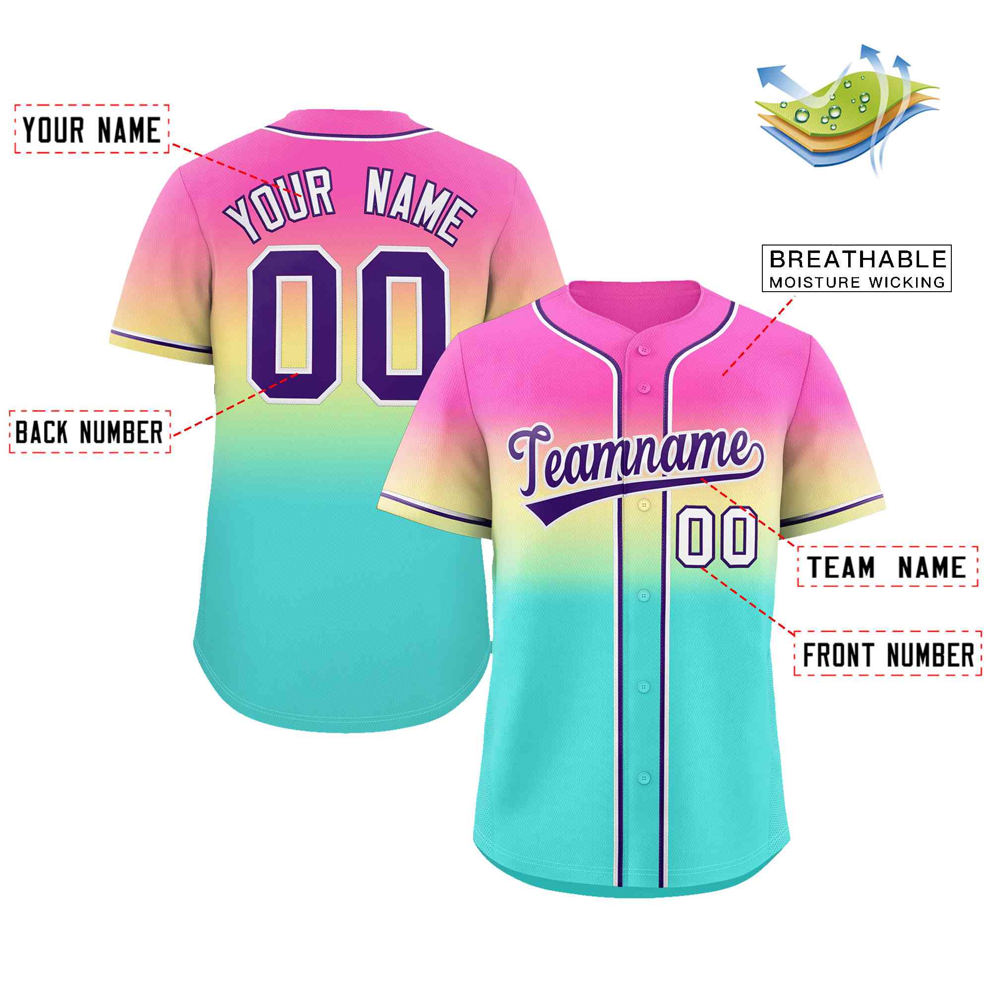Custom Rose Pink Aqua Purple-White Gradient Fashion Authentic Baseball Jersey - Image 2