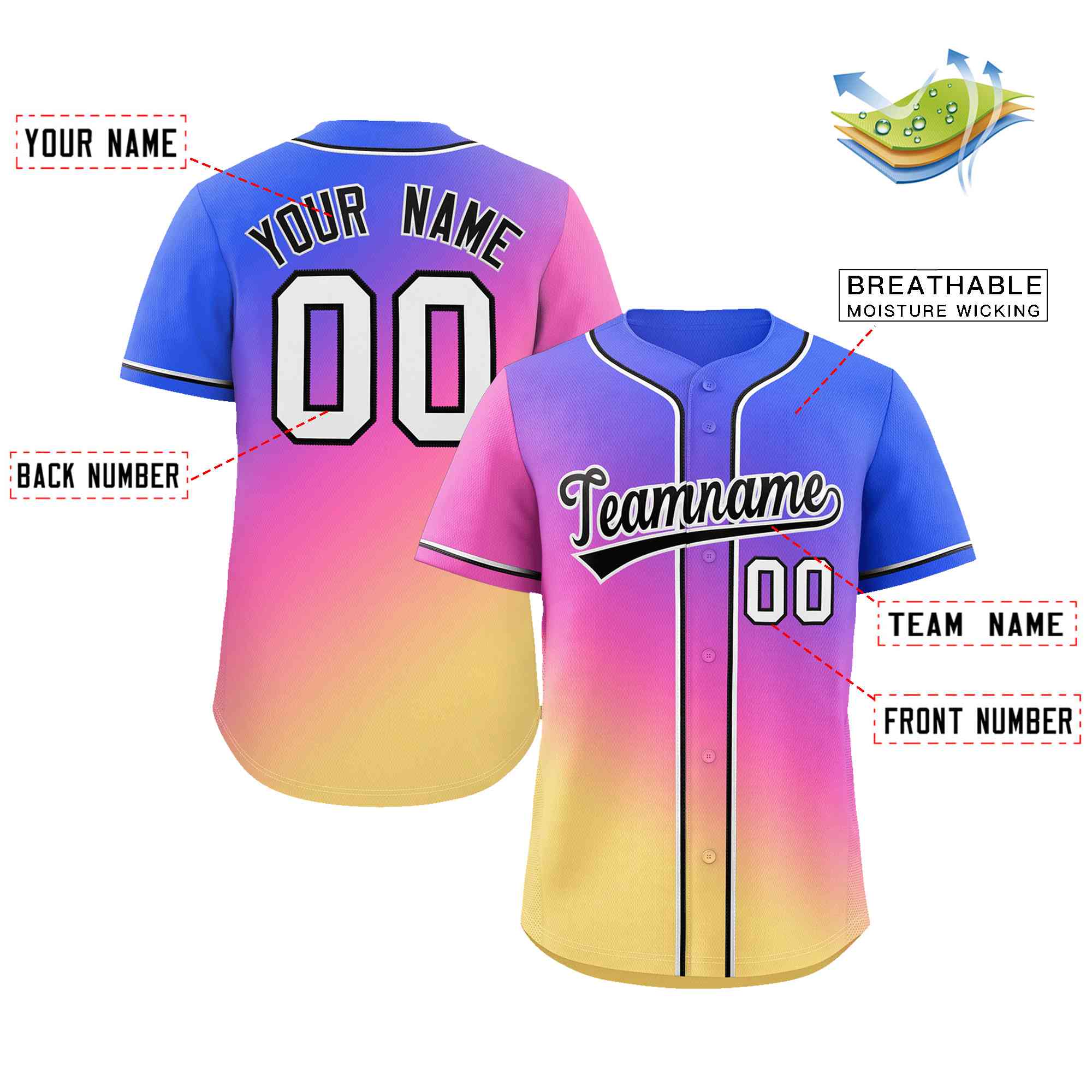 Custom Royal Pink-Yellow Gradient Fashion Authentic Baseball Jersey - Image 2