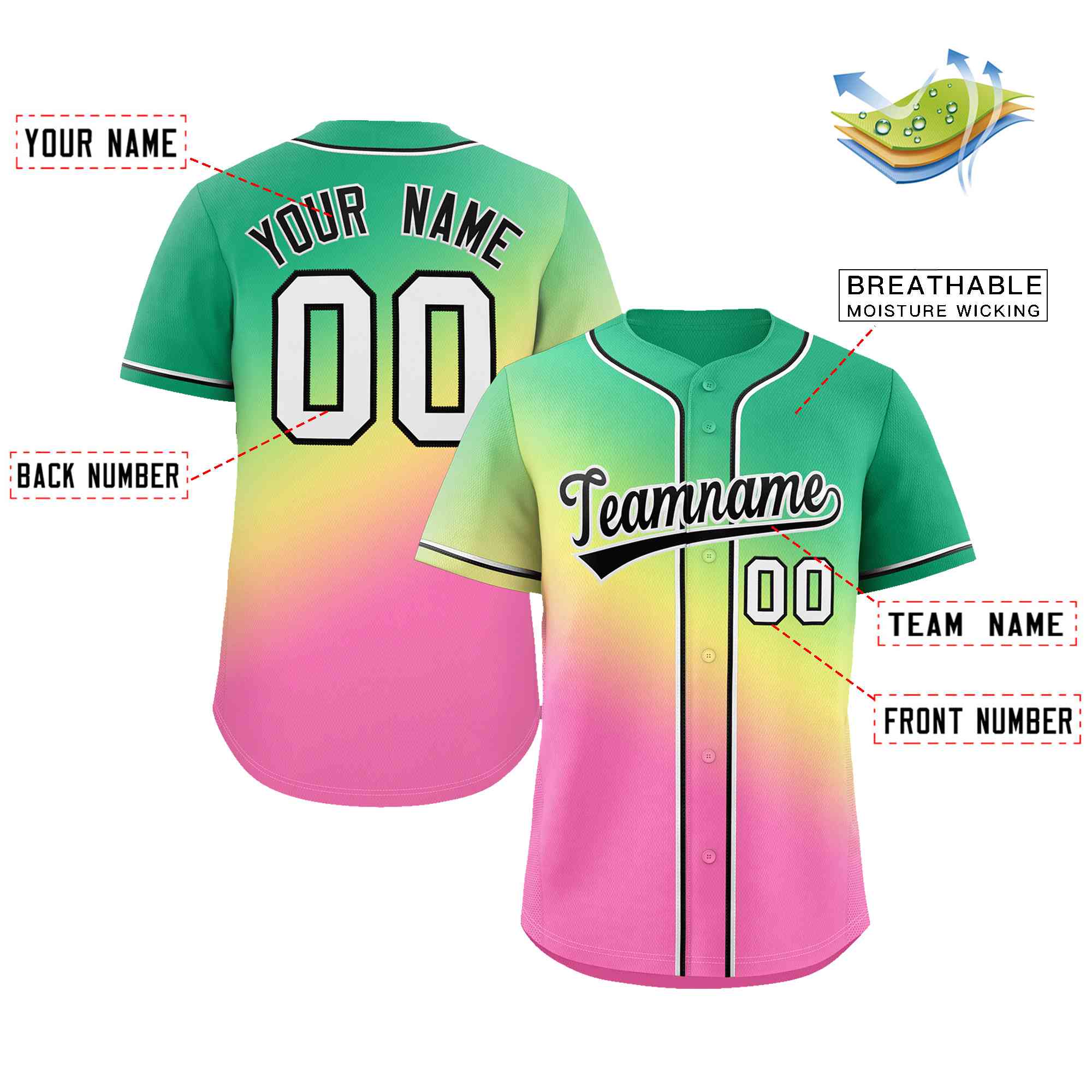Custom Kelly Green Yellow Black-White Gradient Fashion Authentic Baseball Jersey - Image 2