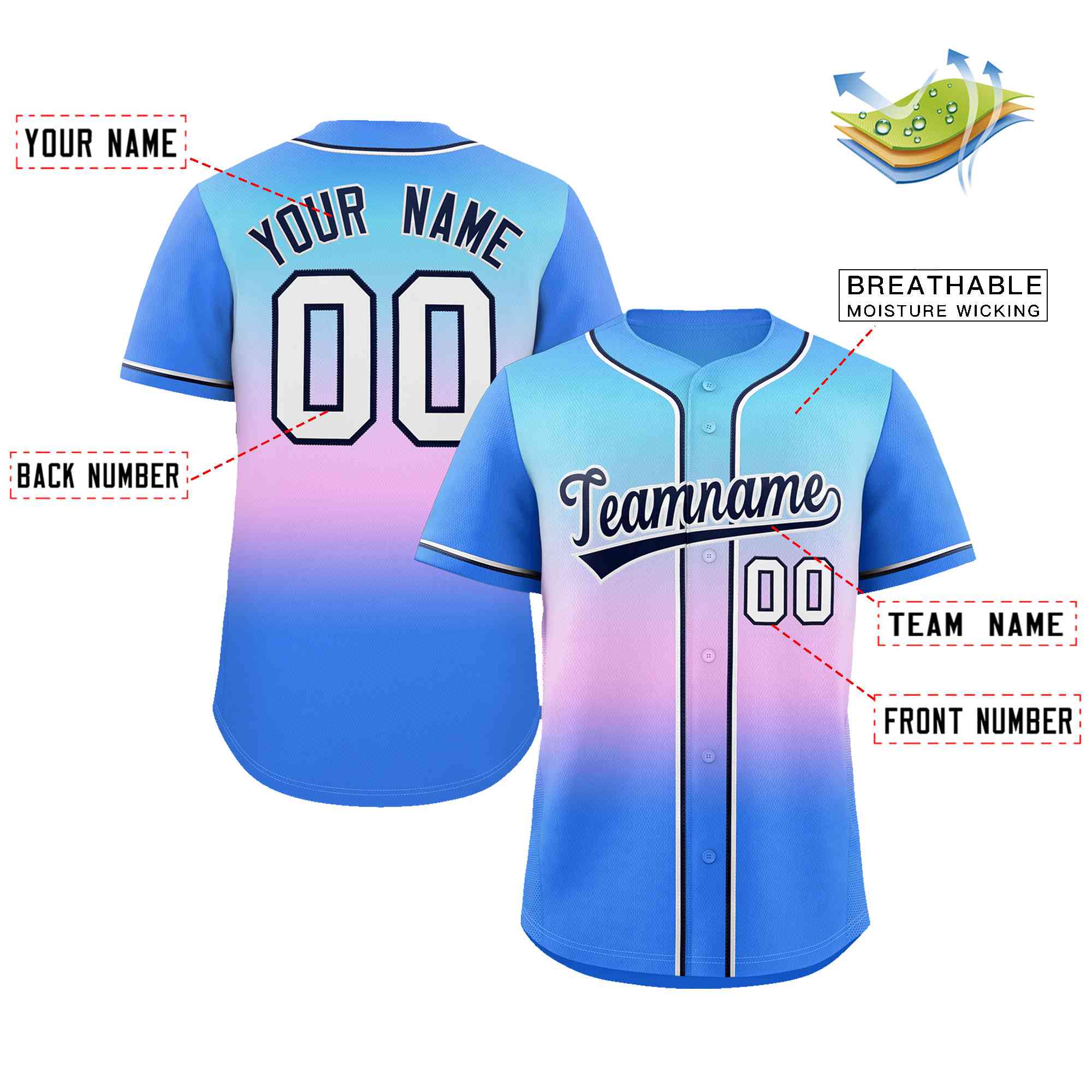 Custom Light Blue Pink Navy-White Gradient Fashion Authentic Baseball Jersey - Image 2