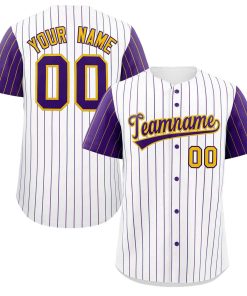 Custom White Purple-Gold Stripe Fashion Raglan Sleeves Authentic Baseball Jersey