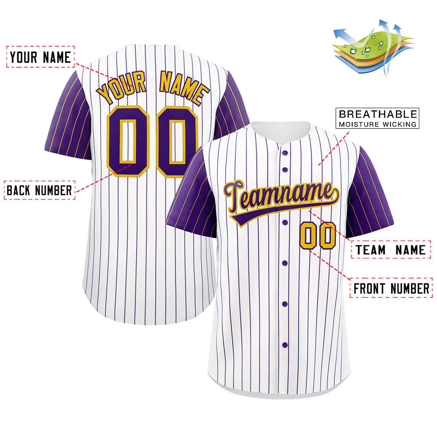 Custom White Purple-Gold Stripe Fashion Raglan Sleeves Authentic Baseball Jersey - Image 2