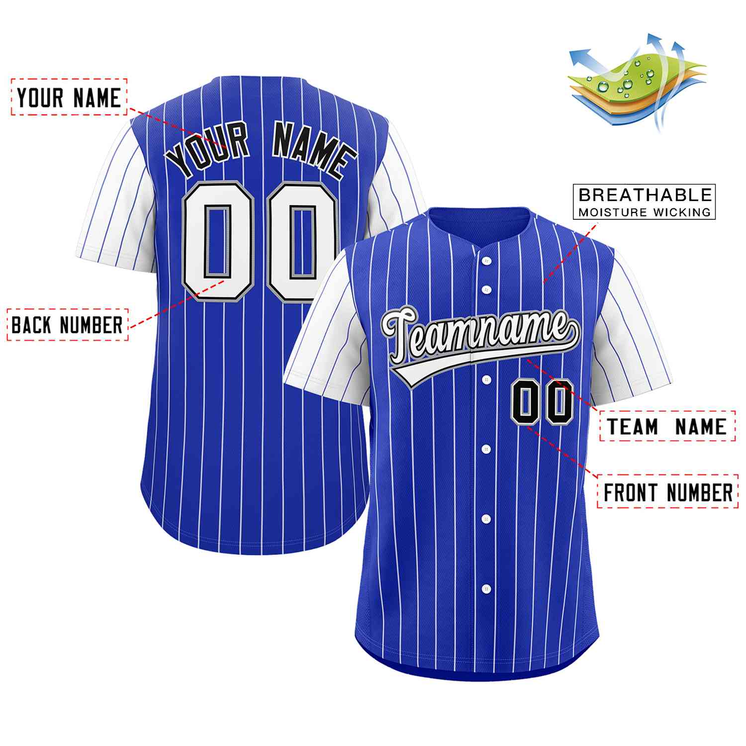 Custom Royal White-Black Stripe Fashion Raglan Sleeves Authentic Baseball Jersey - Image 2