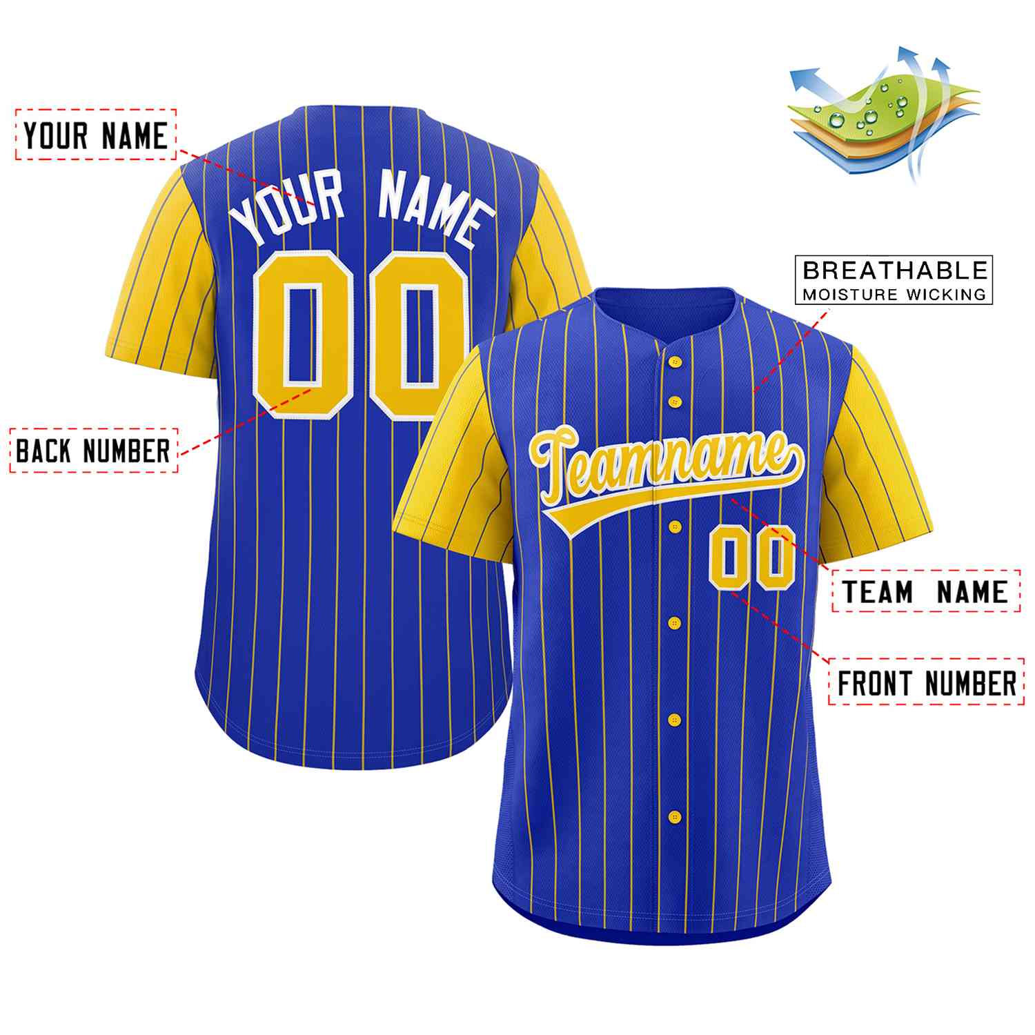 Custom Royal Gold-White Stripe Fashion Raglan Sleeves Authentic Baseball Jersey - Image 2