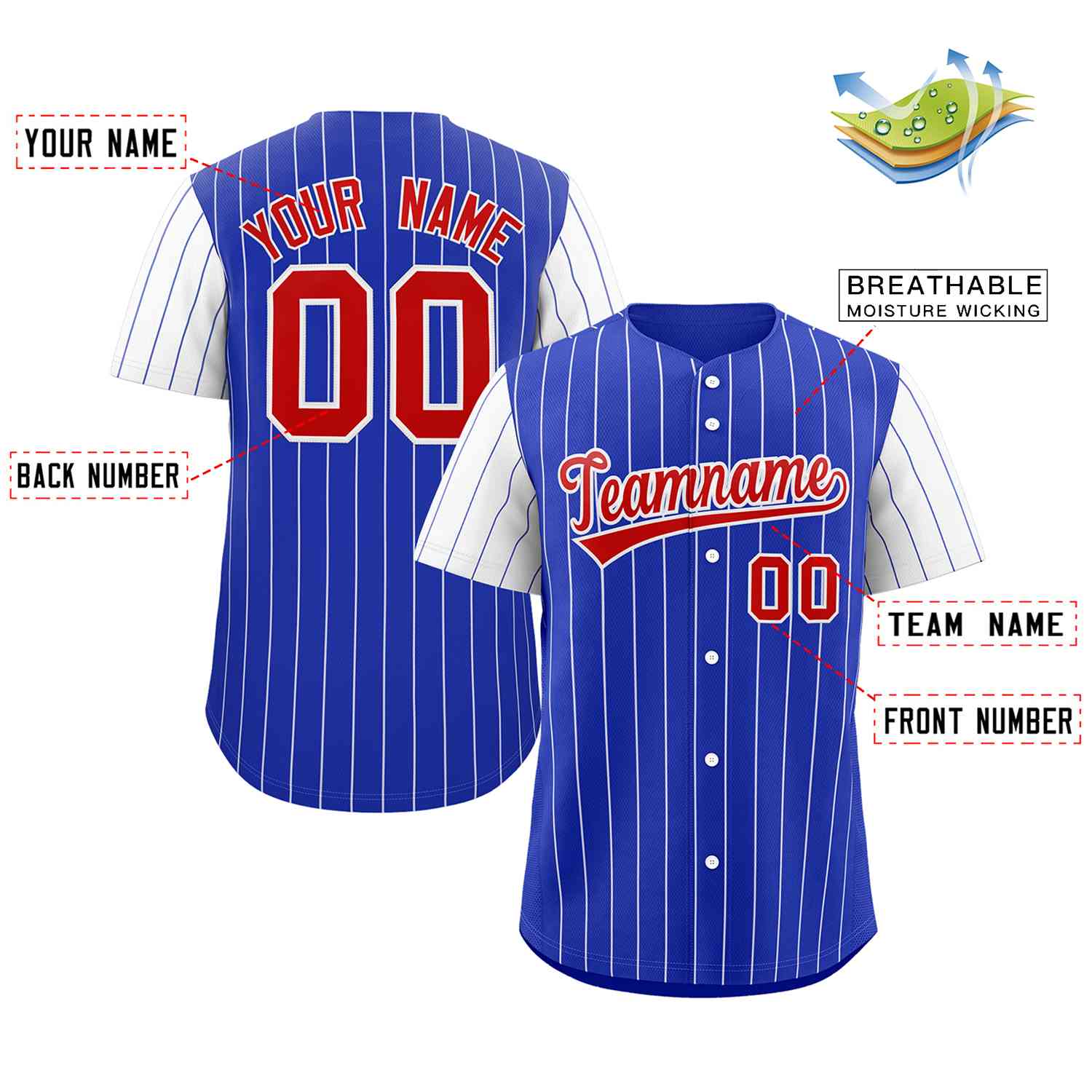 Custom Royal Red-White Stripe Fashion Raglan Sleeves Authentic Baseball Jersey - Image 2