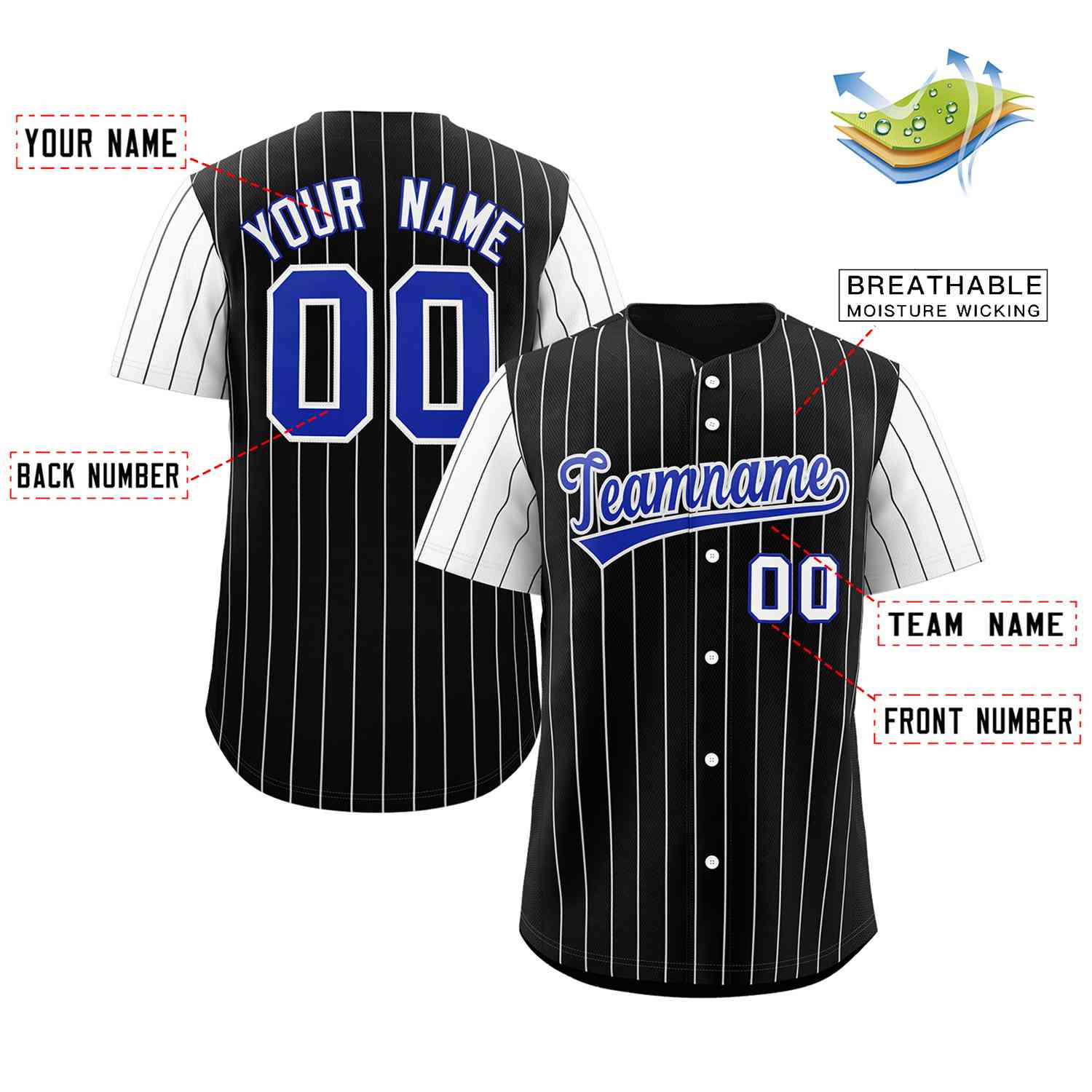Custom Black Royal-White Stripe Fashion Raglan Sleeves Authentic Baseball Jersey - Image 2