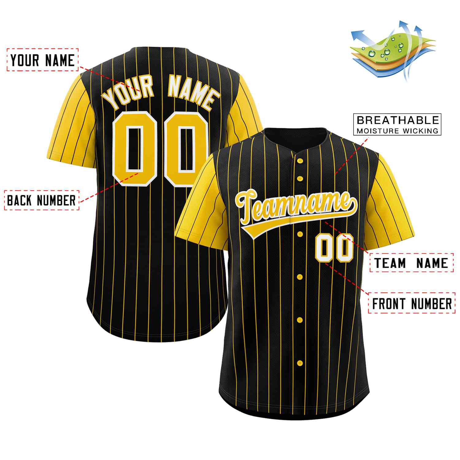 Custom Black Gold-White Stripe Fashion Raglan Sleeves Authentic Baseball Jersey - Image 2