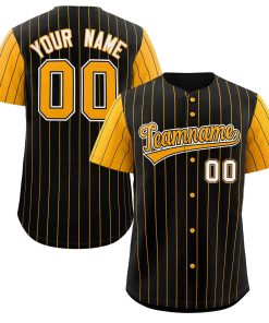 Custom Black Yellow-White Stripe Fashion Raglan Sleeves Authentic Baseball Jersey