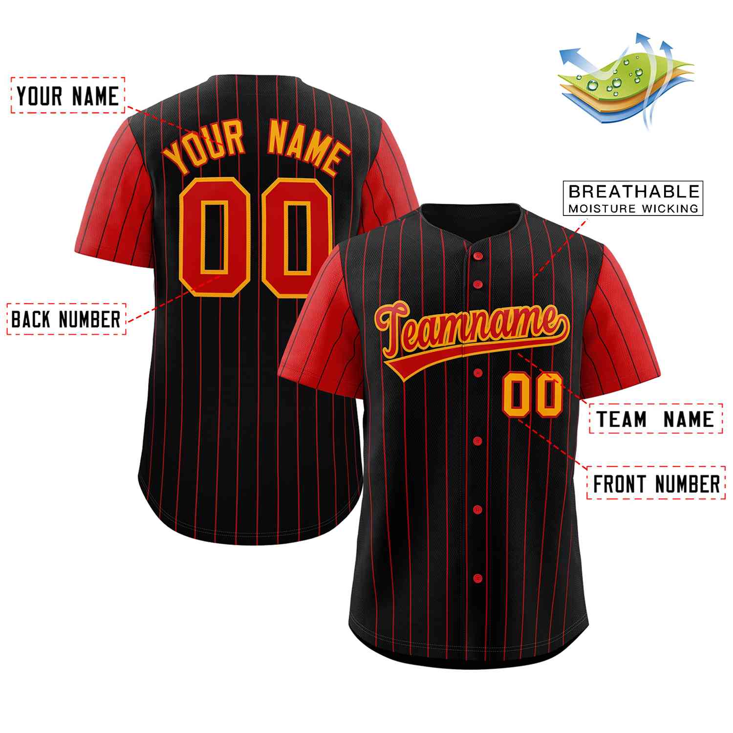 Custom Black Red-Yellow Stripe Fashion Raglan Sleeves Authentic Baseball Jersey - Image 2
