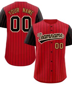 Custom Red Black-Old Gold Stripe Fashion Raglan Sleeves Authentic Baseball Jersey