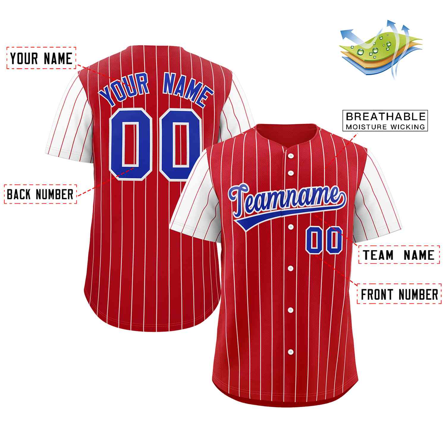 Custom Red Royal-White Stripe Fashion Raglan Sleeves Authentic Baseball Jersey - Image 2