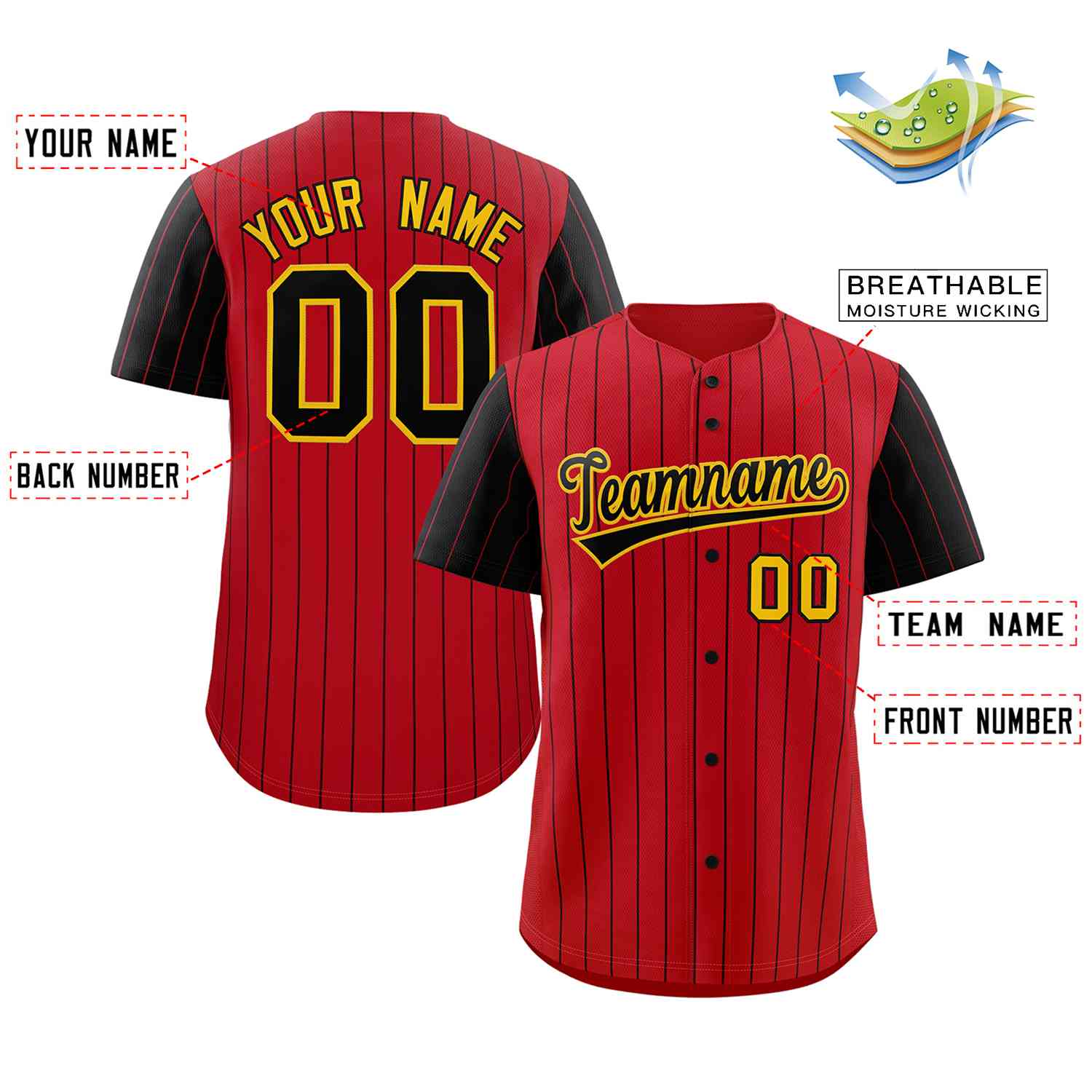 Custom Red Black-Gold Stripe Fashion Raglan Sleeves Authentic Baseball Jersey - Image 2