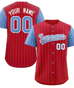 Custom Red Light Blue-White Stripe Fashion Raglan Sleeves Authentic Baseball Jersey