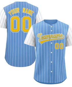 Custom Light Blue Gold-White Stripe Fashion Raglan Sleeves Authentic Baseball Jersey