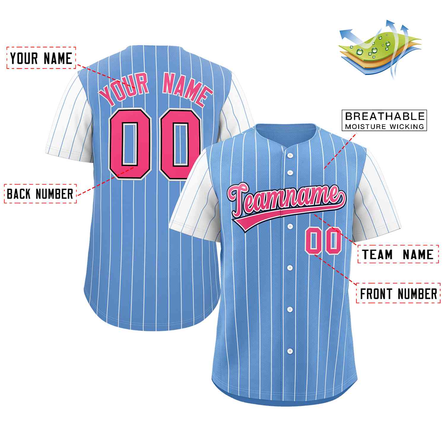 Custom Light Blue Pink-White Stripe Fashion Raglan Sleeves Authentic Baseball Jersey - Image 2