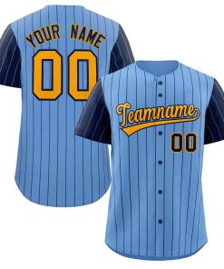 Custom Light Blue Yellow-Navy Stripe Fashion Raglan Sleeves Authentic Baseball Jersey