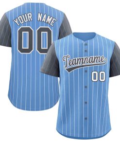 Custom Light Blue Dark Gray-White Stripe Fashion Raglan Sleeves Authentic Baseball Jersey