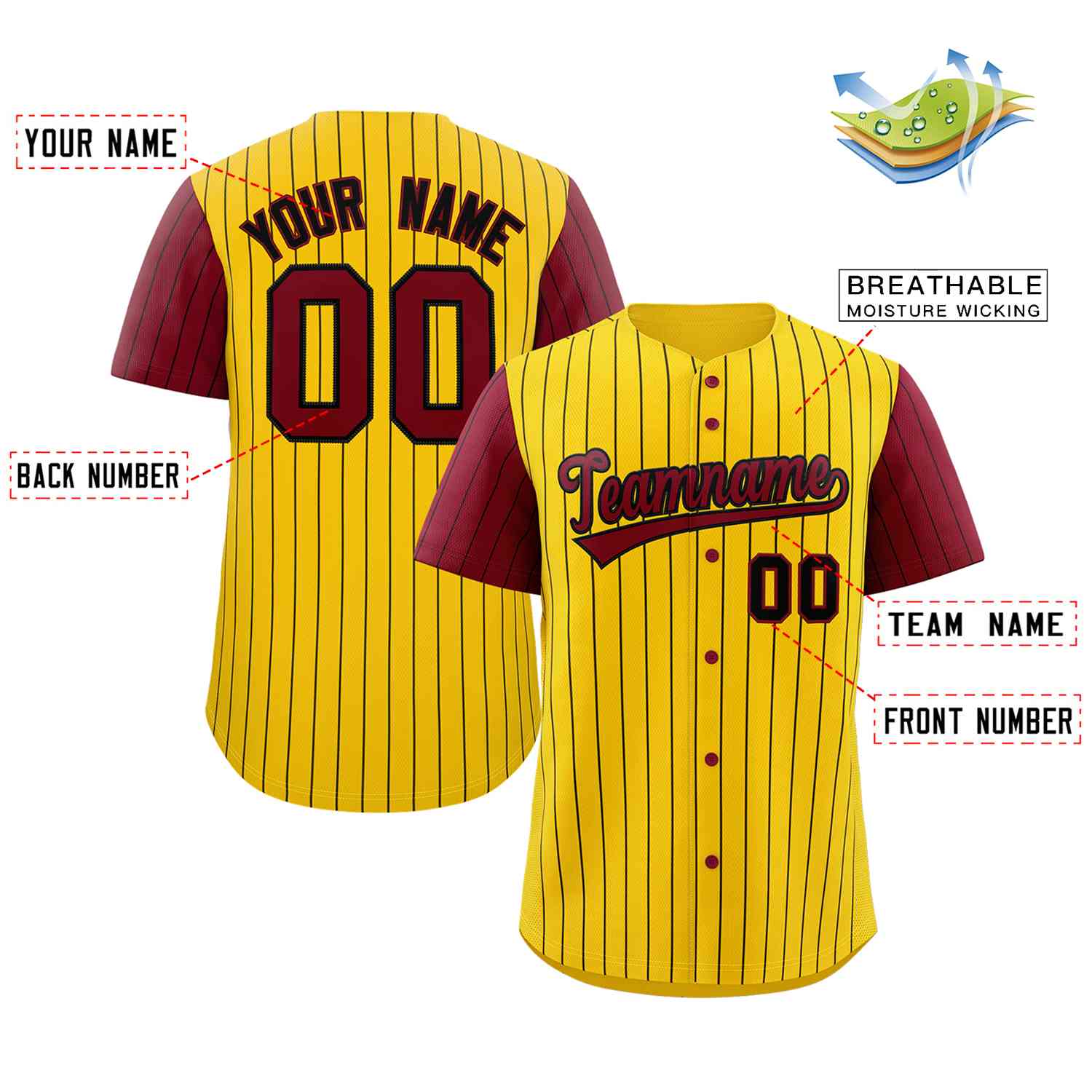 Custom Gold Crimson-Black Stripe Fashion Raglan Sleeves Authentic Baseball Jersey - Image 2