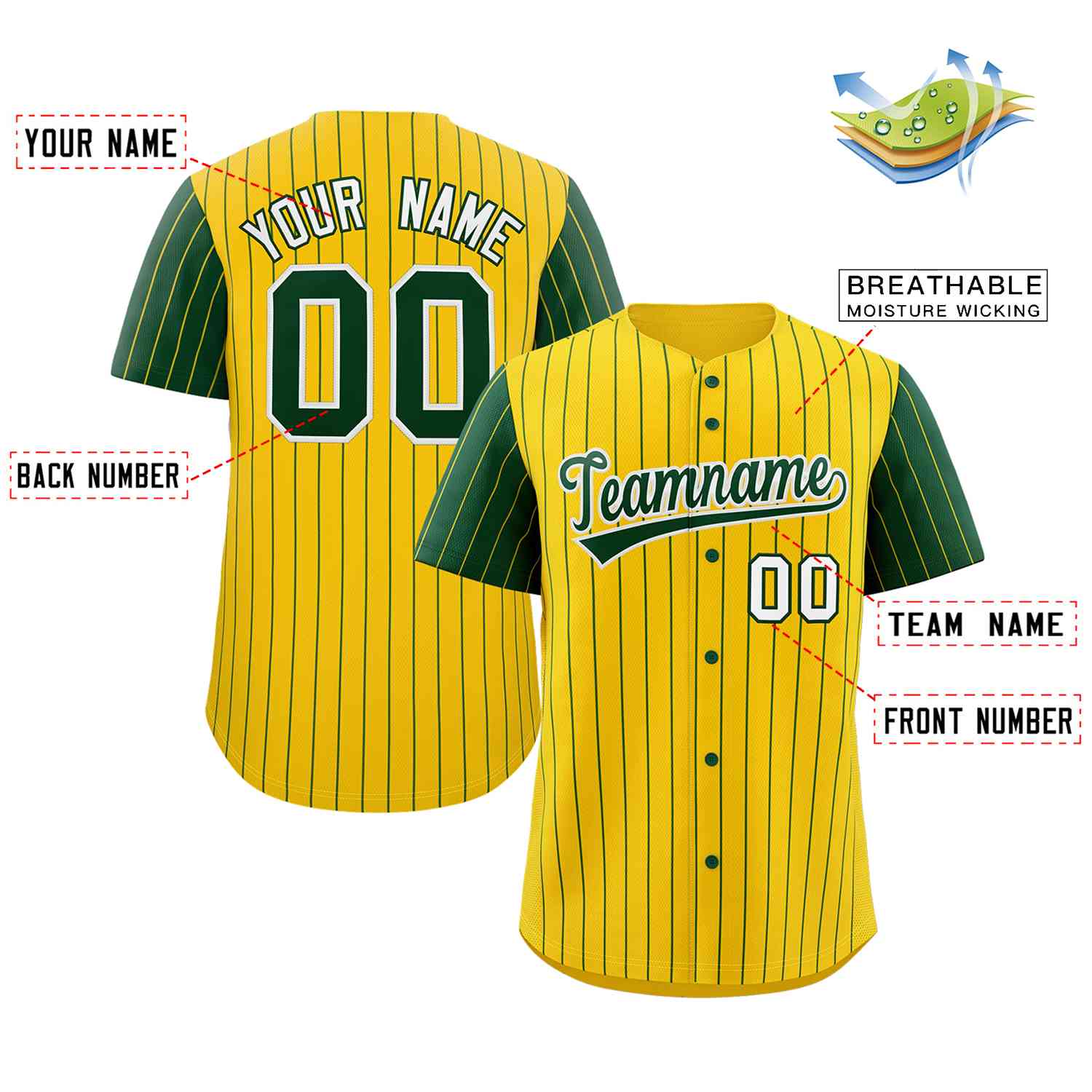 Custom Gold Green-White Stripe Fashion Raglan Sleeves Authentic Baseball Jersey - Image 2