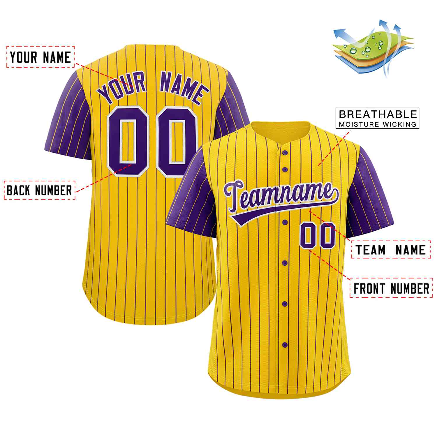 Custom Gold Purple-White Stripe Fashion Raglan Sleeves Authentic Baseball Jersey - Image 2