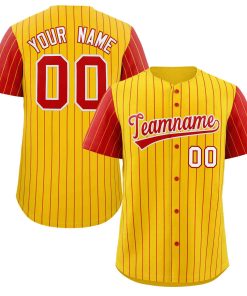 Custom Gold Red-White Stripe Fashion Raglan Sleeves Authentic Baseball Jersey