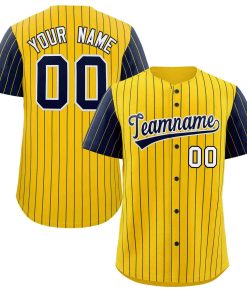 Custom Gold Navy-White Stripe Fashion Raglan Sleeves Authentic Baseball Jersey