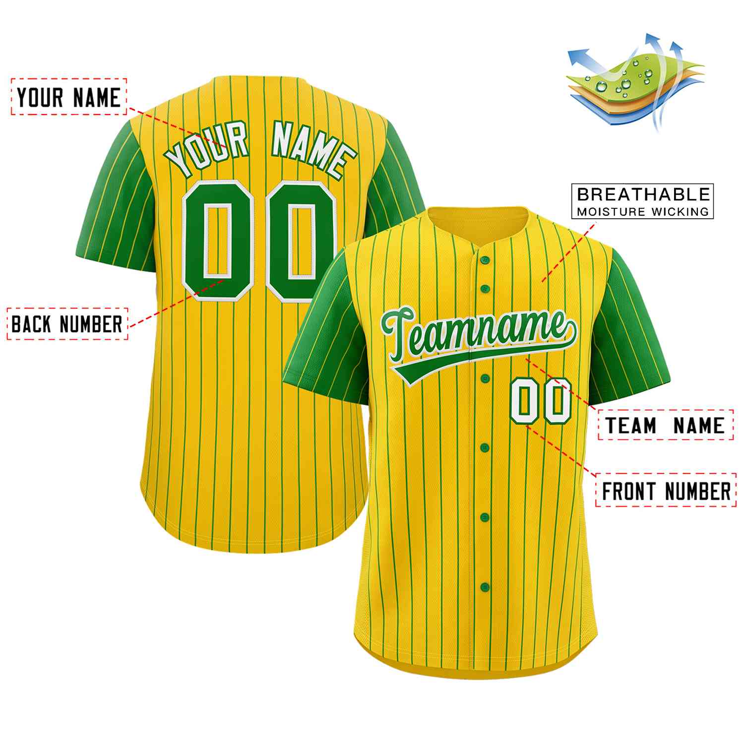 Custom Gold Kelly Green-White Stripe Fashion Raglan Sleeves Authentic Baseball Jersey - Image 2