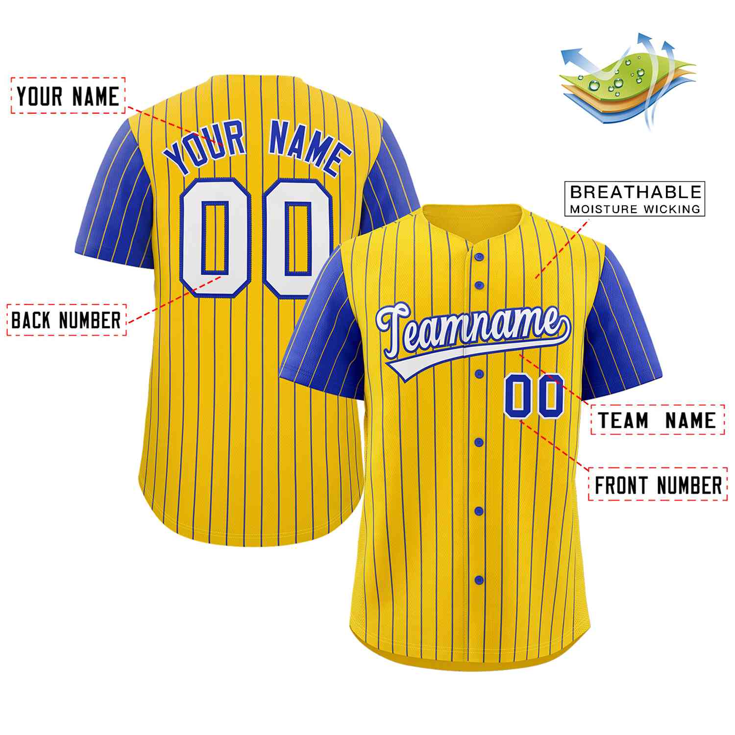 Custom Gold White-Royal Stripe Fashion Raglan Sleeves Authentic Baseball Jersey - Image 2