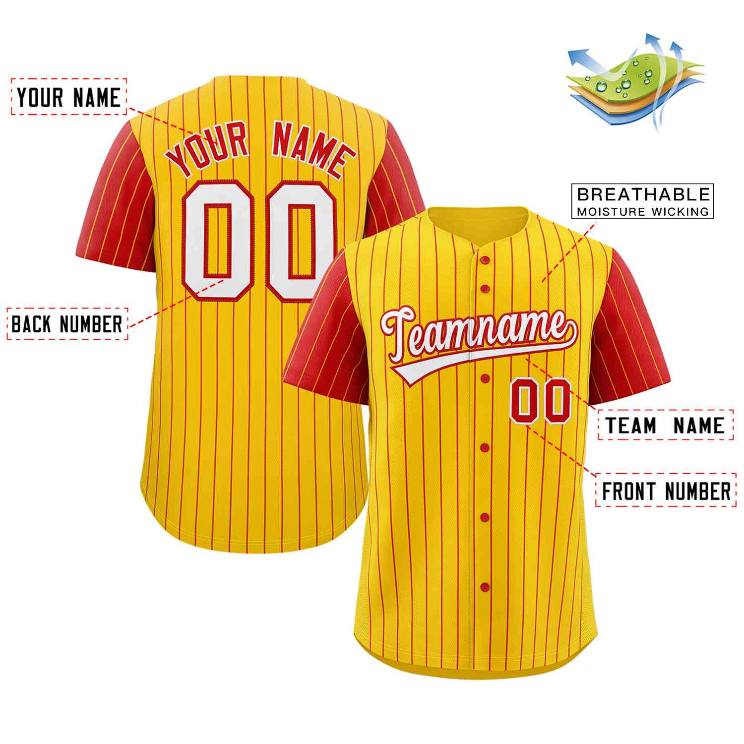Custom Gold White-Red Stripe Fashion Raglan Sleeves Authentic Baseball Jersey - Image 2