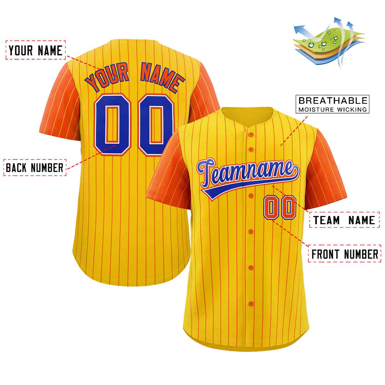 Custom Gold Royal-White Stripe Fashion Raglan Sleeves Authentic Baseball Jersey - Image 2