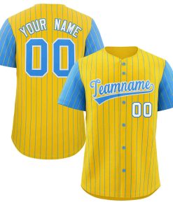 Custom Gold Powder Blue-White Stripe Fashion Raglan Sleeves Authentic Baseball Jersey