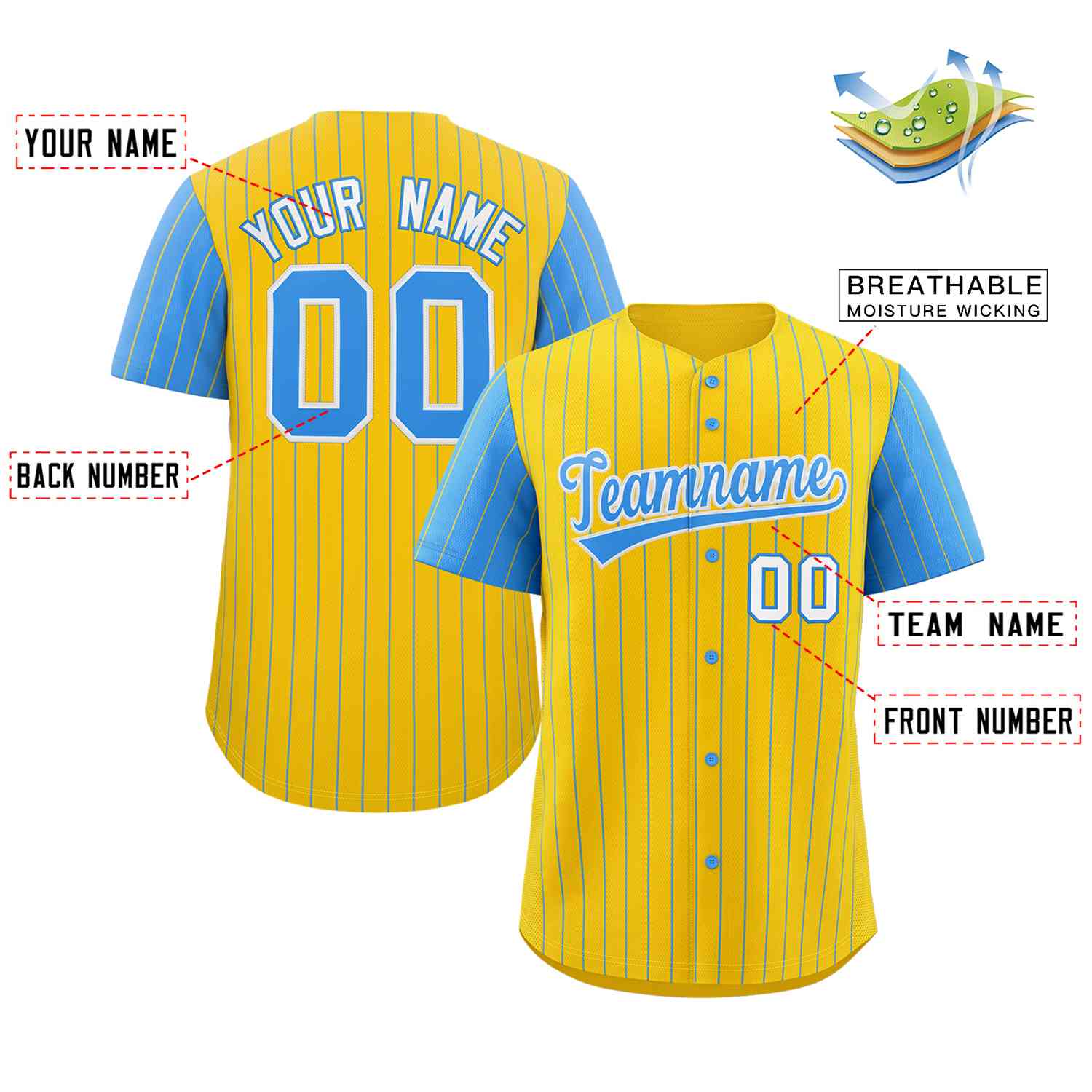 Custom Gold Powder Blue-White Stripe Fashion Raglan Sleeves Authentic Baseball Jersey - Image 2