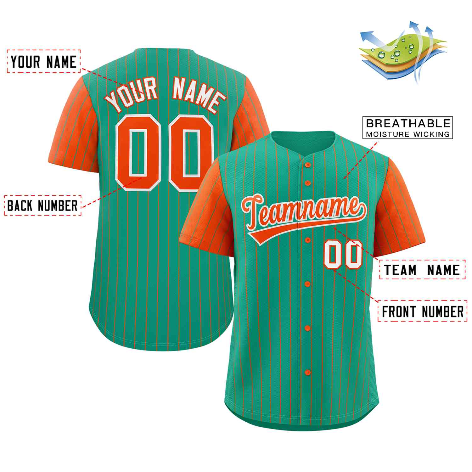 Custom Teal Orange-White Stripe Fashion Raglan Sleeves Authentic Baseball Jersey - Image 2