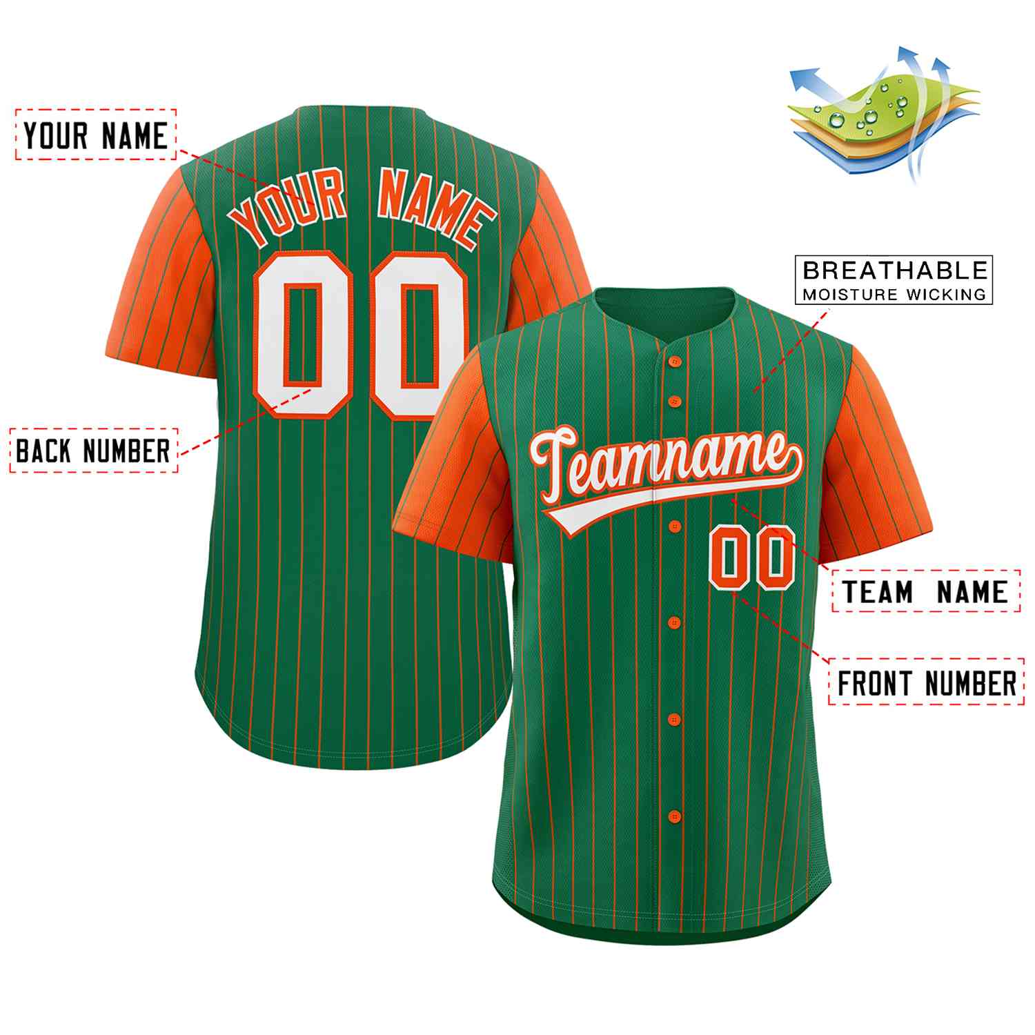 Custom Kelly Green White-Orange Stripe Fashion Raglan Sleeves Authentic Baseball Jersey - Image 2